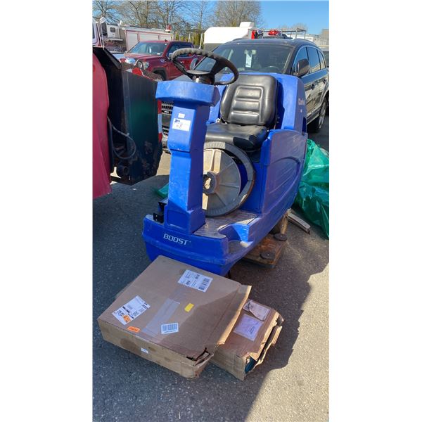 CLARKE BOOST COMMERCIAL ELECTRIC RIDE ON FLOOR CLEANING SYSTEM WITH KEYS & 2 ASSORTED CLEANING PADS