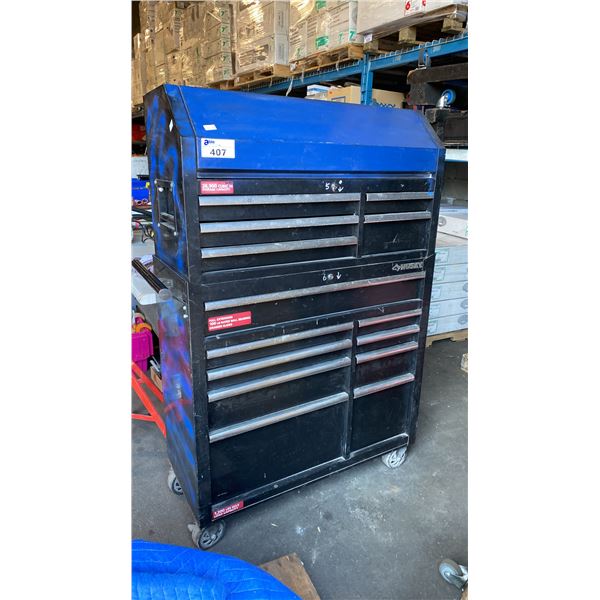 2PC HUSKY BLACK HEAVY DUTY MOBILE 14 DRAWER TOOL CHEST & CABINET SET APPROX 65"H X 18"D X 42"W