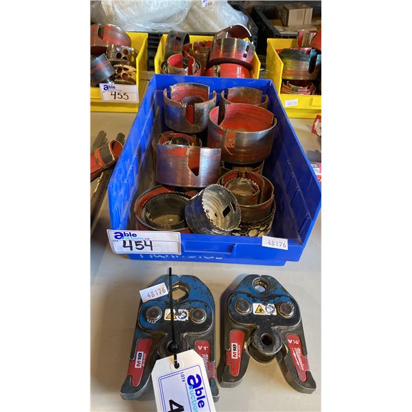 2 PARTS BINS OF ASSORTED HOLE SAWS & PAIR OF MILWAUKEE M18 FORCE LOGIC 1/2 PRESS JAWS