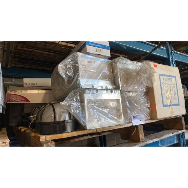 PALLET OF INSULATED CEILING BOXES, PROJECTOR CEILING MOUNT, BATHROOM FAN, DELTA FAUCETS, FLOOD