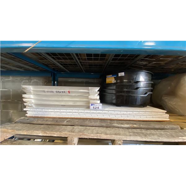 5- 24" X 24" WHITE PLASTIC ACCESS PANELS, 4- 20L POWERFIST OIL DRUM DRAIN PANS & STACK OF METAL