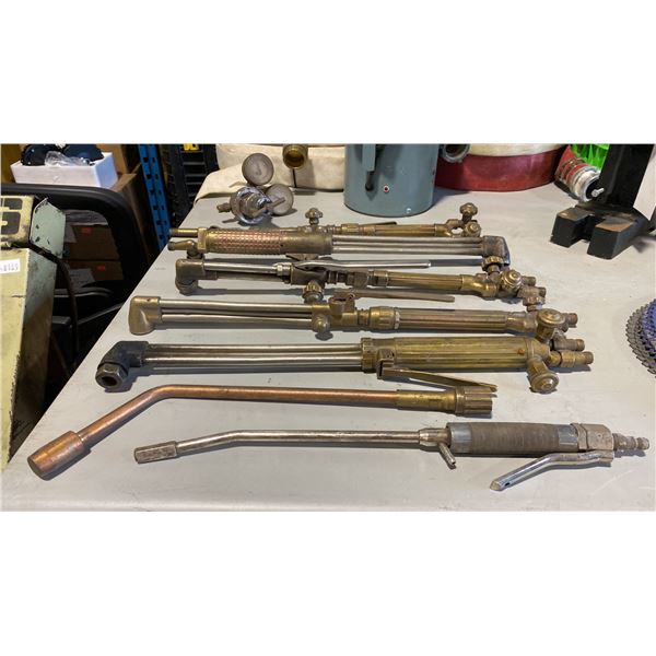 ORANGE TOOL BOX WITH 7 ASSORTED WELDING TORCHES & 1 PRESSURE GAUGE