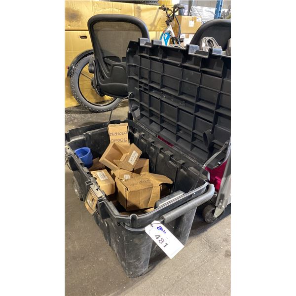 VICTAULIC BLACK PLASTIC MOBILE TOOL BIN WITH ASSORTED BRANCH SOCKET HEADS/TRANSITION PIPE ADAPTERS