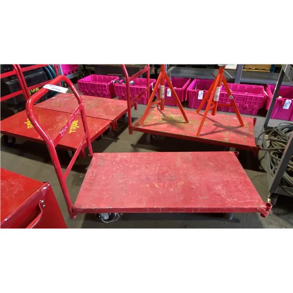 RED METAL MOBILE PLATFORM CART APPROX 48" X 24"