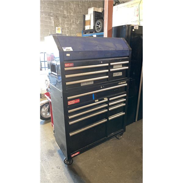 2PC HUSKY BLACK HEAVY DUTY MOBILE 14 DRAWER TOOL CHEST & CABINET SET APPROX 65"H X 18"D X 42"W
