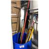 Image 1 : BLUE PLASTIC BARREL OF ASSORTED LEVELS, SQUEEGEES, CROWBAR, EXTENSION POLE & CUSTOM