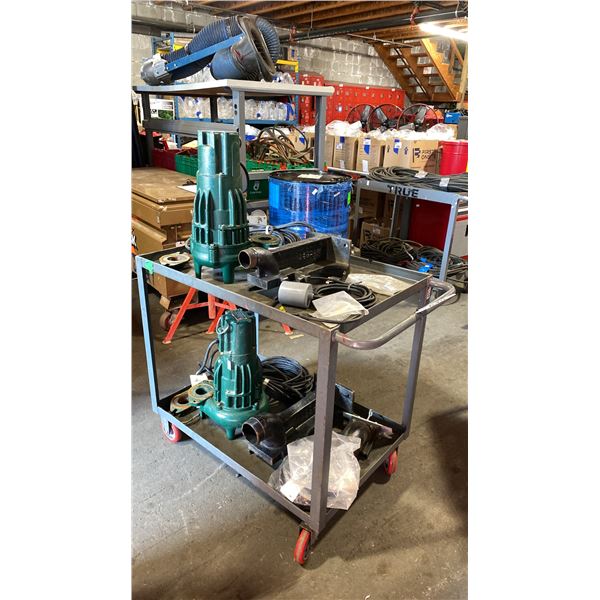 2 TIER GREY METAL MOBILE SHOP CART WITH 2 ZOELLER INDUSTRIAL SUMP PUMPS & ATTACHMENTS