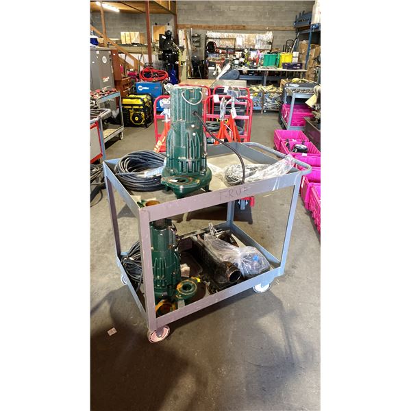 2 TIER GREY METAL MOBILE SHOP CART WITH 2 ZOELLER INDUSTRIAL SUMP PUMPS & ATTACHMENTS