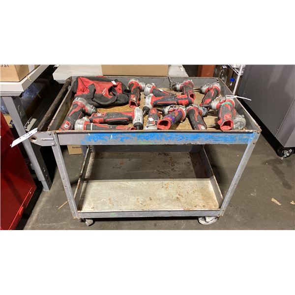 2 TIER GREY METAL MOBILE SHOP CART WITH APPROX 13 MILWAUKEE PROPEX EXPANSION TOOLS *NO BATTERIES,