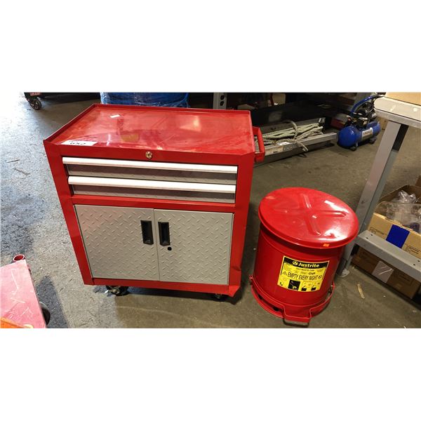 SMALL RED MOBILE TOOL BOX & JUSTRITE OIL WASTE CAN