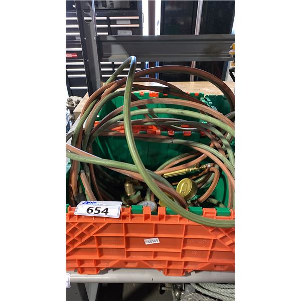 2 PLASTIC STORAGE BINS AND CONTENTS- OXY-ACETYLENE TORCH, REGULATORS, HOSE LINE, MAKITA