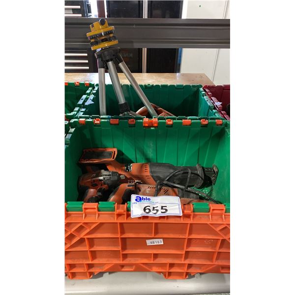 2 PLASTIC STORAGE BINS AND CONTENTS- 6 HILTI CORDLESS POWER TOOLS WITH 1 BATTERY, CHARGER &