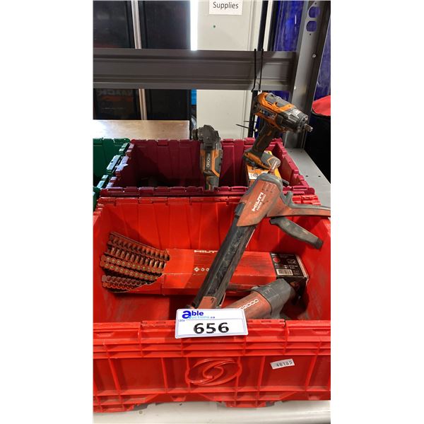 2 PLASTIC STORAGE BINS AND CONTENTS- 2 RIDGID CORDLESS POWER TOOLS, CHARGER, 2 HILTI APPLICATOR