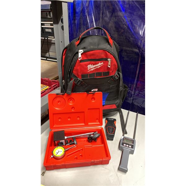 MAGNETIC BASE STAND WITH GAUGE, TRIMINATOR GAUGE, MOISTURE TESTER & MILWAUKEE TOOL BACKPACK