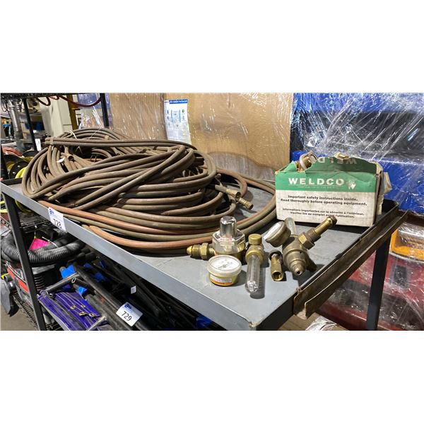 GREY METAL 2 TIER SHOP TABLE, BUNDLE OF OXY-ACETYLENE LINE & REGULATORS/GAUGES