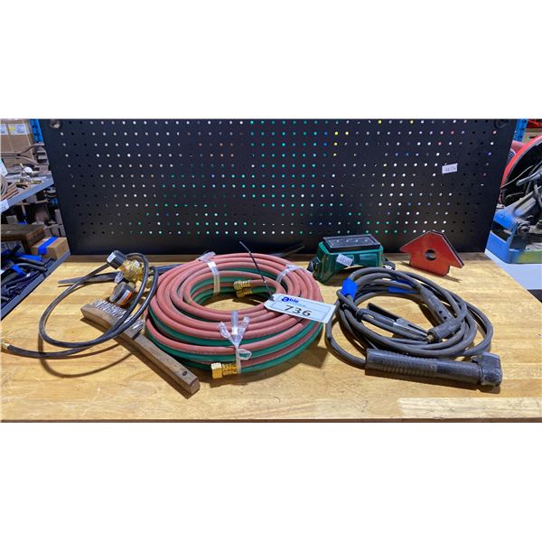 OXY-ACETYLENE HOSE LINE, REGULATOR, WELDING GOGGLES, PRY BAR, WIRE BRUSH, MAGNETIC WELDING HOLDER &