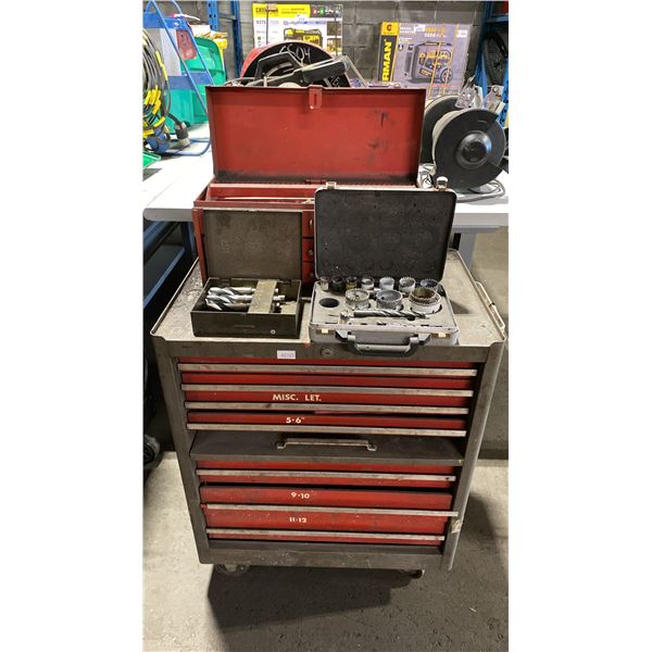 7 DRAWER SMALL MOBILE TOOL CHEST WITH ASSORTED TOOL CONTENTS, RED METAL TOOLBOX WITH ASSORTED