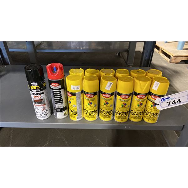 12 CANS OF KRYLON GLOSS SUN YELLOW SPRAY PAINT, CAN OF RED MARKING PAINT & CAN OF BLACK TREMCLAD