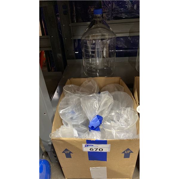 BOX OF LABORATORY GLASS FUNNELS & LARGE GLASS JAR