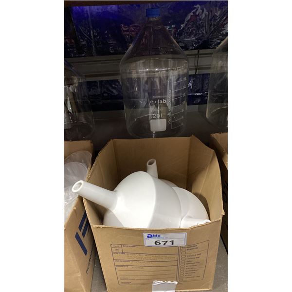 3 LARGE PORCELAIN LABORATORY FUNNELS & LARGE GLASS JAR