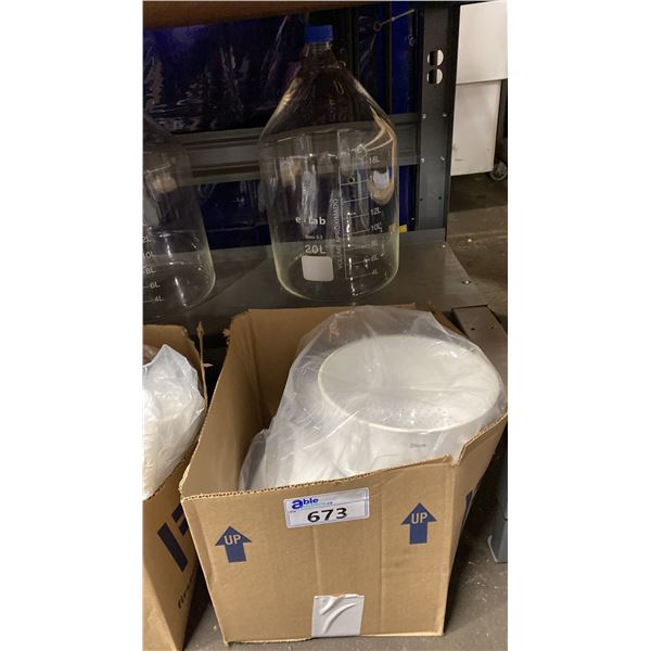 3 LARGE PORCELAIN LABORATORY FUNNELS & LARGE GLASS JAR