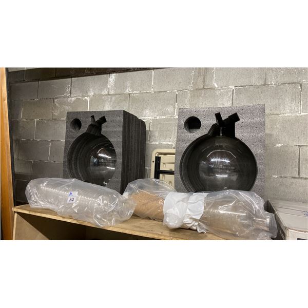 2 LARGE ROUND FOOTED GLASS LABORATORY JARS & 2 LARGE LABORATORY GLASS SPIRAL TUBES