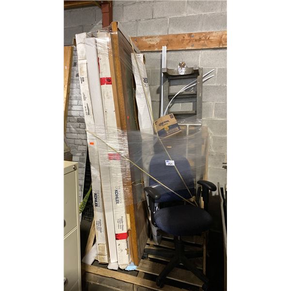 PALLET OF ASSORTED DOORS, OFFICE CHAIR & MISC ITEMS