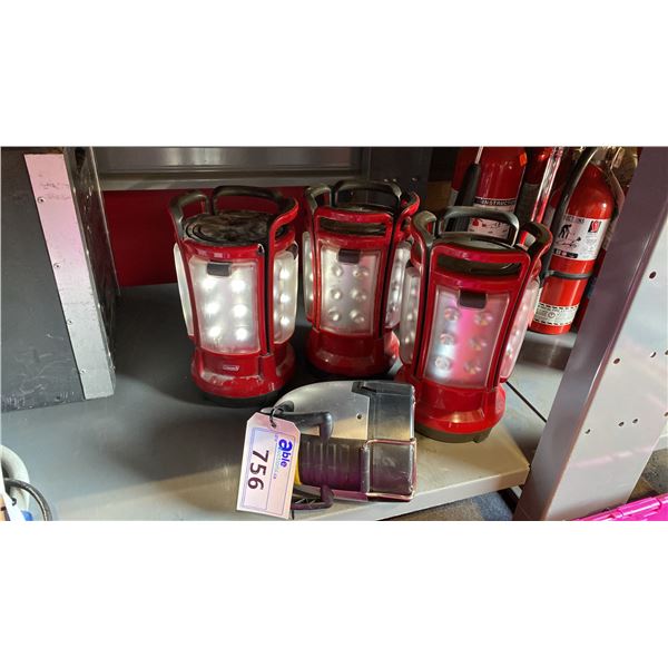 3 RED COLEMAN BATTERY POWERED LED LANTERNS & HUMMER HANDHELD SPOTLIGHT FLASHLIGHT *NO CHARGER*