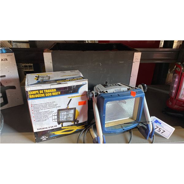 2 HALOGEN WORK LIGHTS & WOODEN CRATE OF ASSORTED EXTENSION CORDS