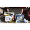 Image 1 : 2 HALOGEN WORK LIGHTS & WOODEN CRATE OF ASSORTED EXTENSION CORDS