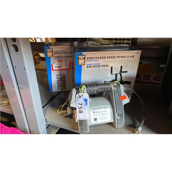 2 POWERFIST HAND CRANK AIR HOSE REELS & SURE SPEED FIELD TEST UNIT