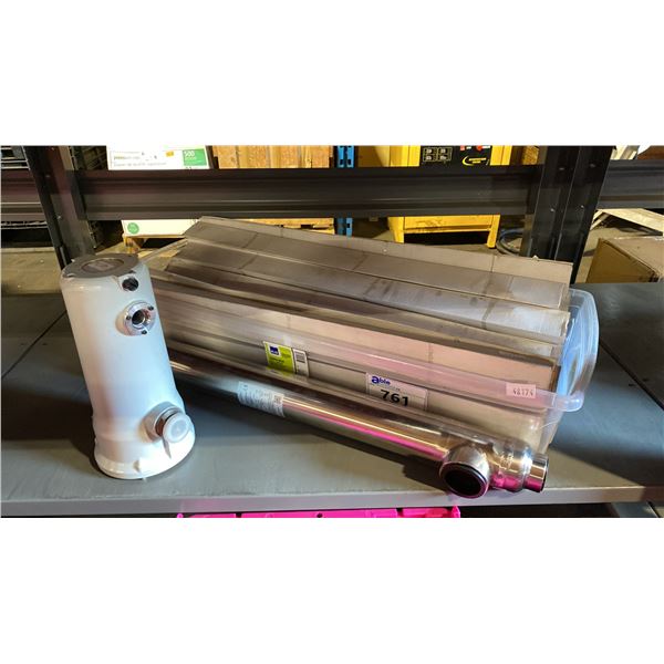 EDWARDS MF30 OUTLET MIST FILTER WITH BIN OF LABORATORY HEAT EXCHANGER SHELL & TUBES