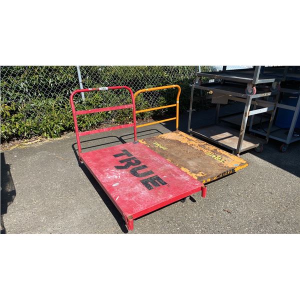 2 METAL PLATFORM TRUCKS- RED & YELLOW