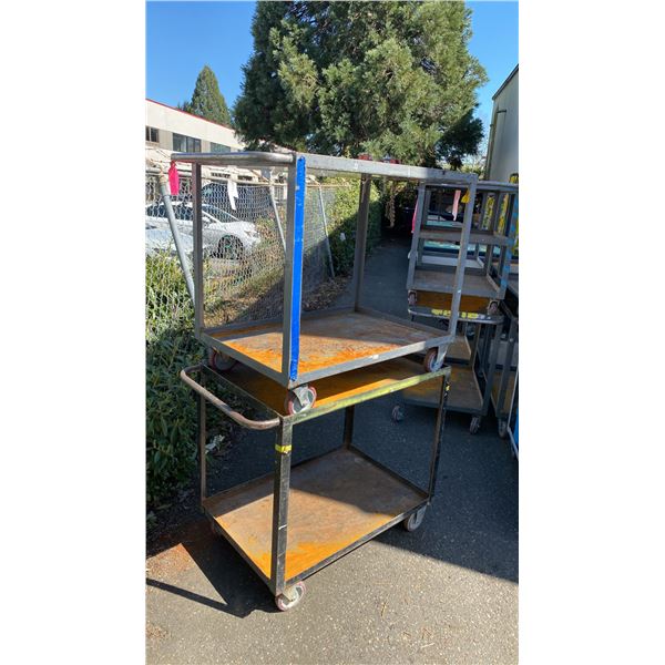 2 METAL 2 TIER UTILITY CARTS WITH 1 BENCH CHAIN VICE