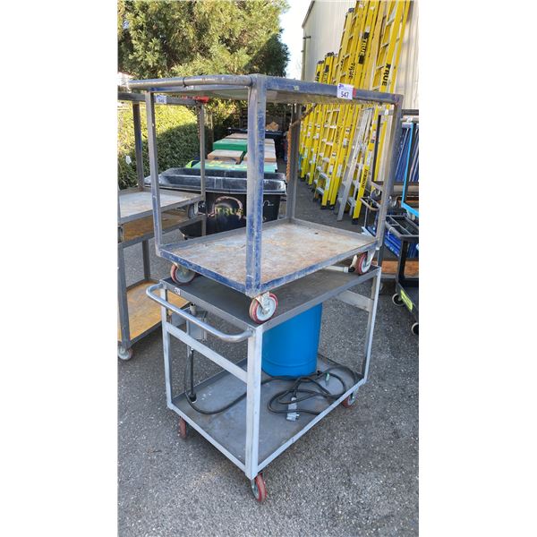 2 GREY METAL 2 TIER UTILITY CARTS WITH 120V POWER UNIT, SWITCH, BENCH CHAIN VISE & PLASTIC LIQUID