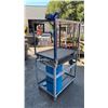 Image 4 : 2 GREY METAL 2 TIER UTILITY CARTS WITH 120V POWER UNIT, SWITCH, BENCH CHAIN VISE & PLASTIC LIQUID