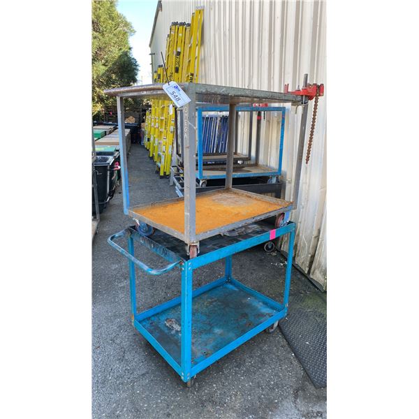 2 METAL 2 TIER UTILITY CARTS WITH 1 BENCH CHAIN VICE