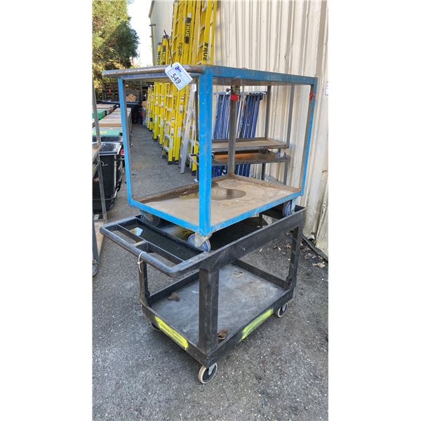 2- 2 TIER UTILITY CARTS WITH 1 BENCH CHAIN VICE