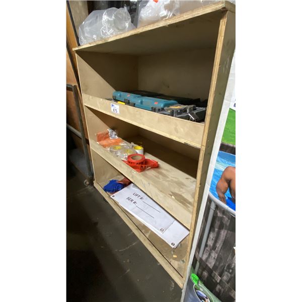 WOODEN MOBILE STORAGE SHELF WITH ASSORTED CONTENTS- DEWALT LASER LEVEL, 2 MAKITA PNEUMATIC NAIL