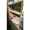Image 1 : WOODEN MOBILE STORAGE SHELF WITH ASSORTED CONTENTS- DEWALT LASER LEVEL, 2 MAKITA PNEUMATIC NAIL