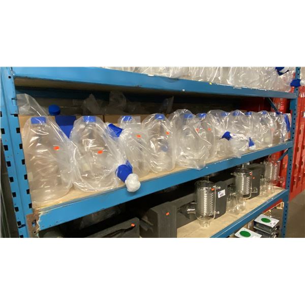 SHELF OF ASSORTED SIZE LABORATORY GRADE GLASS MEDIA STORAGE BOTTLES