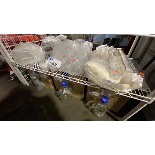 SHELF OF ASSORTED LABORATORY GLASSWARE