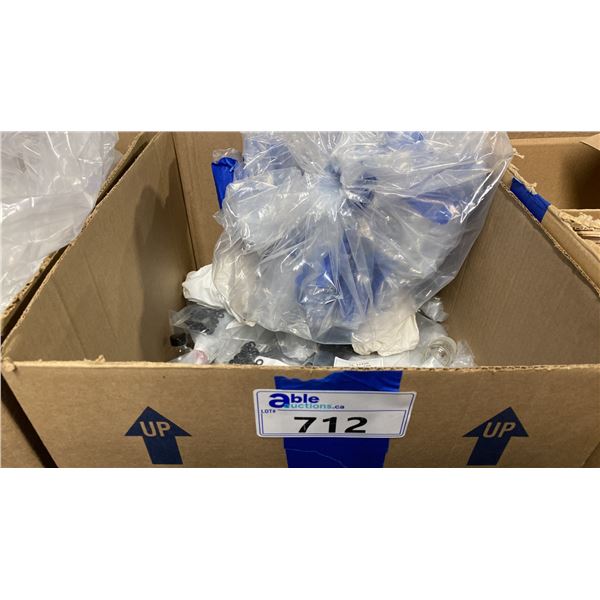 BOX OF ASSORTED LABORATORY GLASS BOTTLES, O-RINGS & PARTS