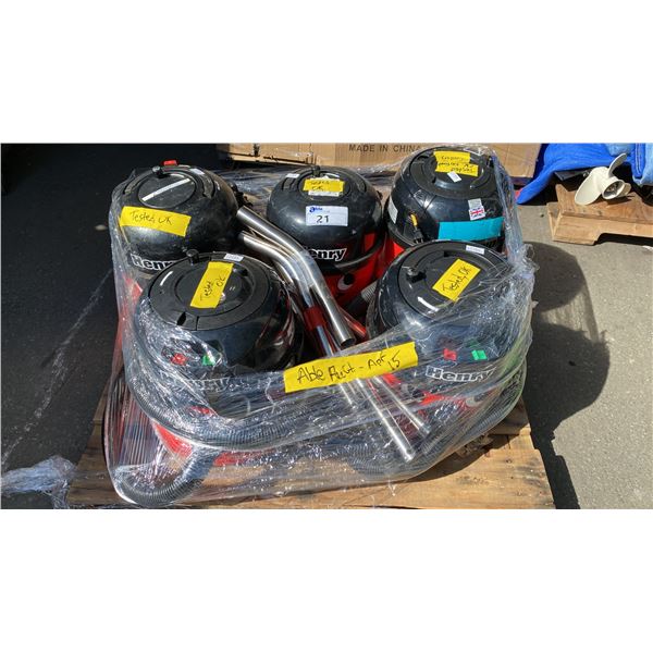 PALLET OF 5 HENRY RED SMALL SHOP VACS WITH ASSORTED HOSE AND ATTACHMENTS
