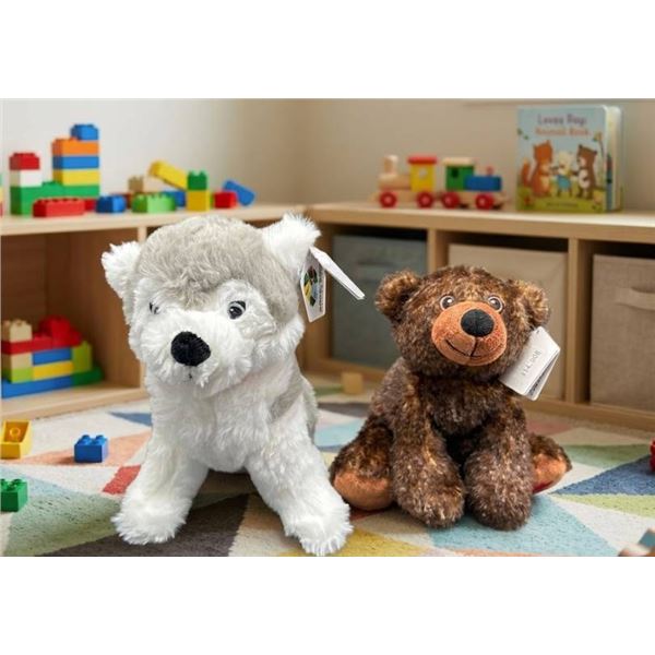 Two Plush Toys Featuring Husky and Bear with Tags
