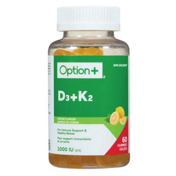 Option+ D3+K2 Gummies, Lemon Flavor – 1000 IU, 2 Bottles of 60 Gummies Each
