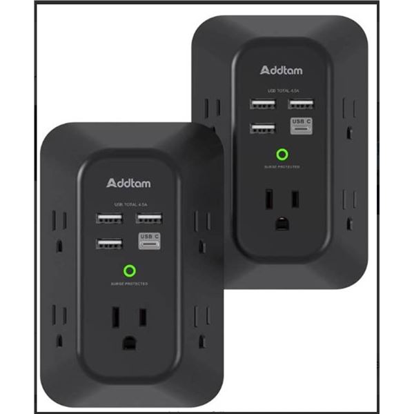 Addtam 2-Pack Multi-Plug Outlet Extender With USB Ports and Surge Protection