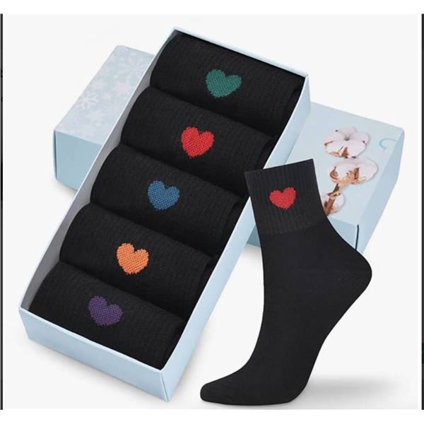 5 Pairs of Black Socks With Colored Heart Designs