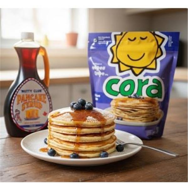 Nutty Club Pancake Syrup Bottle and Cora Pancake Mix