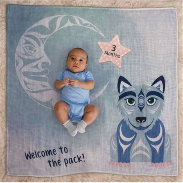 Native Northwest Baby Blanket And Milestone Set Featuring Wolf Design
